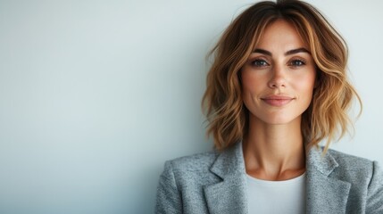 Portrait of a young woman with wavy hair wearing a gray blazer, looking confidently at the camera against a neutral background.