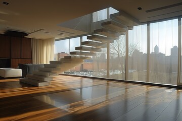 Wall Mural - view of a living room with a staircase and a couch