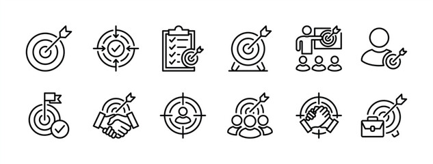 Business target thin line icon set. Containing arrow, dartboard, aim, focus, goal, objective, purpose, bullseye, accuracy for checklist, human resource, teamwork, group people, strategy, agreement