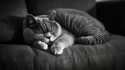 Wall Mural - A sleeping gray cat curled up on a couch, showcasing tranquility and comfort.