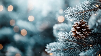 A close-up view of a snow-dusted pine tree branch featuring a single pine cone, with softly blurred warm lights creating a cozy holiday atmosphere in the background.