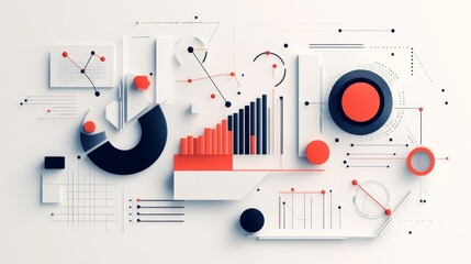 Depict a sleek, modern infographic featuring geometric shapes, line art, and graphs, styled with cutout effects and cool color tones for a minimalistic aesthetic