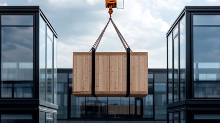 the image depicts a crane lifting a large wooden crate in an urban setting, flanked by two modern gl