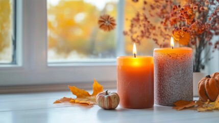 burning candles with autumn decor on white table at home