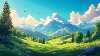 A serene landscape illustration featuring majestic mountains and lush green meadows under a blue sky