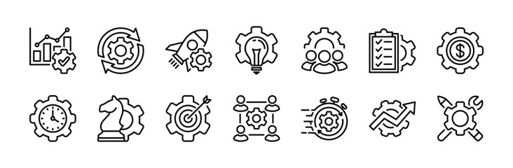 Wall Mural - business development thin line icon set. containing progress, up chart, startup, process, optimizati