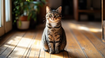 Wall Mural - A tabby cat sits on a wooden floor, illuminated by sunlight streaming through a doorway.