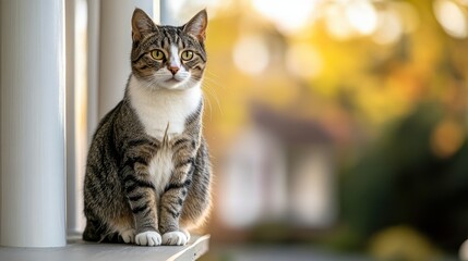 Wall Mural - A tabby cat sitting on a ledge with a blurred background of autumn foliage.