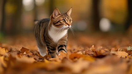 Wall Mural - A tabby cat walks gracefully through a carpet of autumn leaves in a serene outdoor setting.