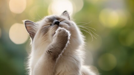 A thoughtful cat grooming its paw in a serene, blurred background.