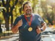 © Bussakon - Overweight Person Participating in Charity Run Proudly Wearing Medal