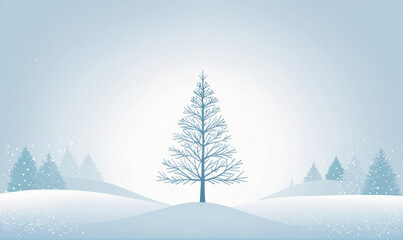 A single, bare tree stands tall in a snowy landscape, surrounded by a few other trees in the distance