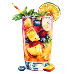 Watercolor Painting of a Glass of Fruit Punch with a Straw