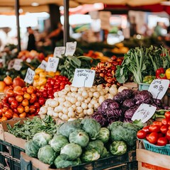 Canvas Print - Fresh produce displayed in a farmers market with price tags.