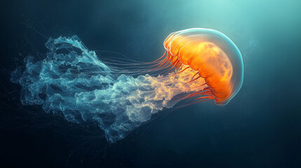 A jellyfish is swimming in the ocean