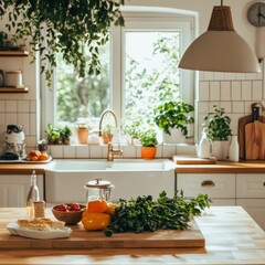 Canvas Print - Fresh Vegetables and Herbs on a Wooden Countertop in a Kitchen.