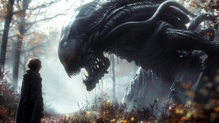 Fototapete - A person stands face to face with a menacing, large alien creature in a misty forest, creating a tense and dramatic encounter between human and extraterrestrial.