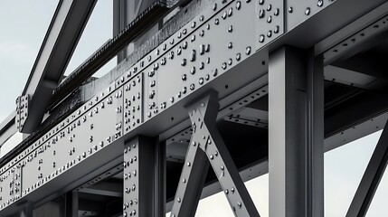 A close-up shot of a steel bridge with riveted beams and structural supports. The image captures the intricate details of the bridge's construction, highlighting the strength and durability of steel.