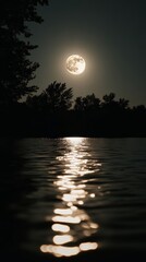 Wall Mural - Full moon shining over a lake with trees in the background