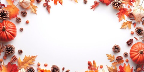 Wall Mural - autumn thanksgiving background  pumpkins and fall leaves isolated on white background, copy space for text