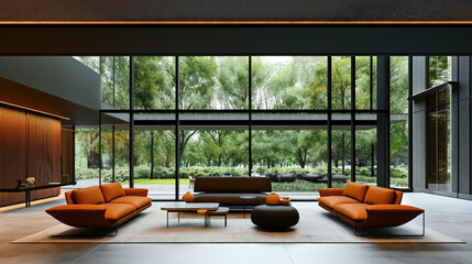 Wall Mural - Modern living room with large floor-to-ceiling windows revealing a lush green outdoor area. The room features orange sofas, a coffee table, and minimalist decor.