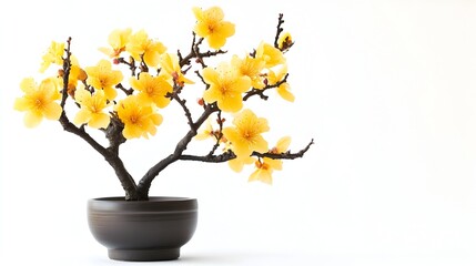 Beautiful Yellow Blossoming Spring Tree in Ceramic Pot on White Background