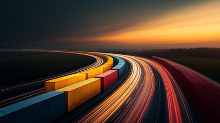 A train with a yellow and red car is traveling down a long, curvy road