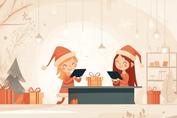 A playful illustration of two children wearing Santa hats, happily unwrapping presents in a festive indoor setting.