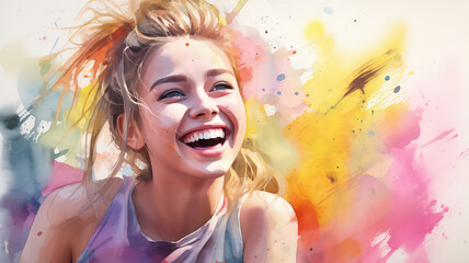 A Watercolour , Candid style Happy smile Teenager young woman.