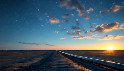 Endless industrial pipelines glistening in sunlight across a barren landscape beneath a tranquil evening sky