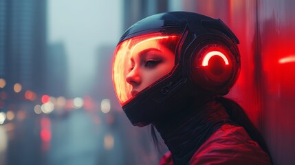 Poster - Cyberpunk woman posing with glowing helmet and red lights