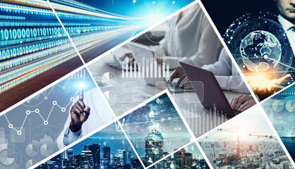 Aufkleber - Collage of various business and technology concepts. Wide angle visual for banners or advertisements.