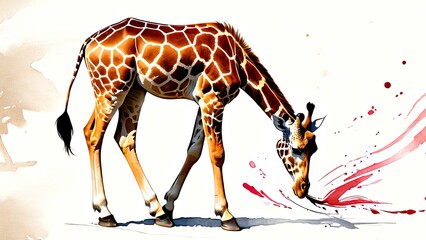 Giraffe with Red Watercolor Splashes. Generative image Ai