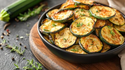 A plate of baked zucchini chips, seasoned with herbs and spices, arranged on a wooden serving board