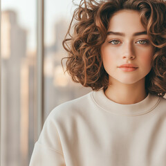 Wall Mural - A woman with curly hair and a white shirt is standing in front of a window