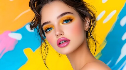 Wall Mural - A closeup of a young woman with yellow eyeshadow and blue eyes against a vivid backdrop.