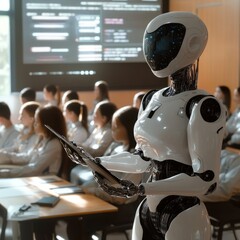 Futuristic robot teacher with a tablet in front of students in a classroom.