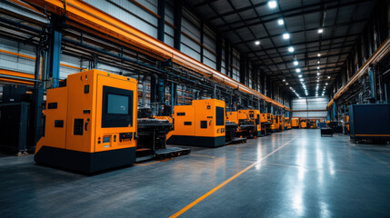 Wall Mural - Row of automated machines in a modern manufacturing plant, showcasing industrial automation, precision engineering, and advanced production technologies.