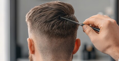 Expert barber cutting a mans hair, with focus on scissors and technique, representing the art of hairstyling and professional grooming