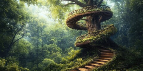 Sticker - A Winding Wooden Staircase Built Into a Tree Trunk in a Lush Forest