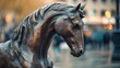 © TheseusStock - A dynamic shot of a majestic bronze horse sculpture, set prominently in a bustling public square.