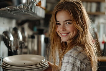 Young woman happily puts away clean dishes in a modern kitchen, creating a tidy and fresh space with a smile, embodying domestic bliss and organization