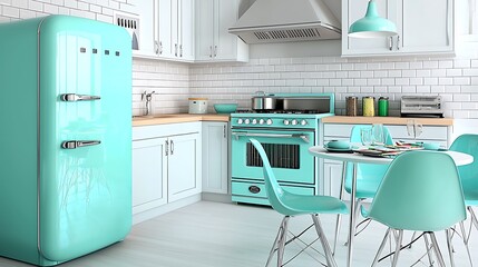 A mint green kitchen with retro appliances and white cabinets evokes a nostalgic charm.