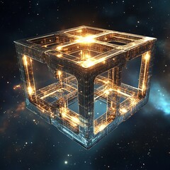 Sticker - Glowing cube structure floating in space.