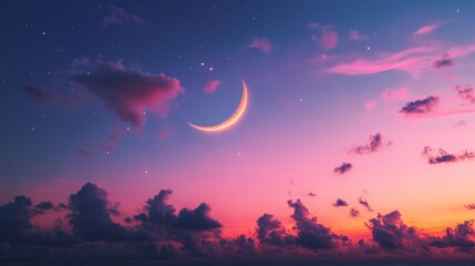 Poster - Crescent moon shining over colorful sunset sky with stars and clouds