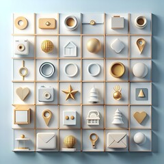 A grid of 3D icons in white and gold. perfect for modern branding. website design. and app interfaces.