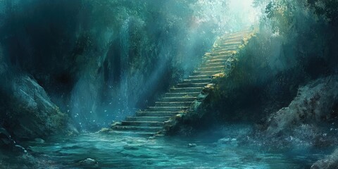 Wall Mural - Stone Steps Leading to Light in a Lush, Mysterious Cave