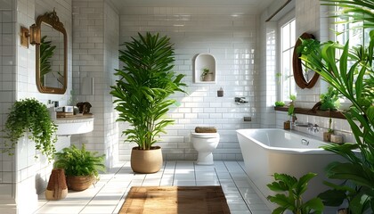 Charming sunlit bathroom with classic white tiles, modern fixtures, and fresh greenery blending vintage elegance with contemporary comfort