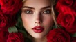 © Irina Ukrainets - A stunning portrait featuring a beautiful woman framed by vibrant red roses. The image showcases elegance and charm. Perfect for beauty, fashion, and floral themes. AI
