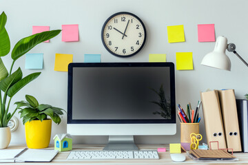 Wall Mural - an organized workspace with a desktop computer, a planner, sticky notes, and a clock, illustrating a